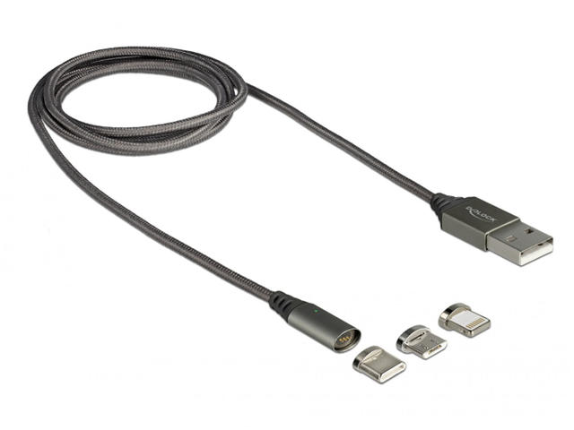 Кабели и Адаптери Delock Magnetic USB Charging Cable Set for 8 Pin / Micro USB / USB Type-C™ anthracite 1 m
