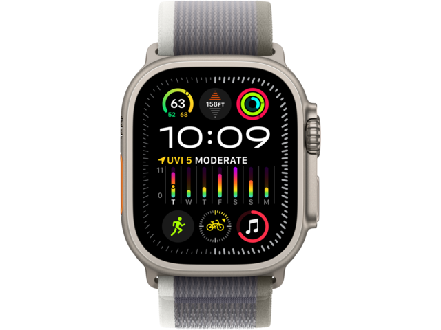 Смарт часовници Apple Watch Ultra2 GPS + Cellular, 49mm Titanium Case w Green/Grey Trail Loop - M/L